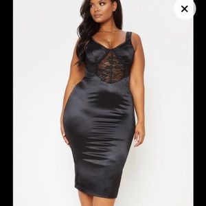 black satin bustier lace insert midi dress